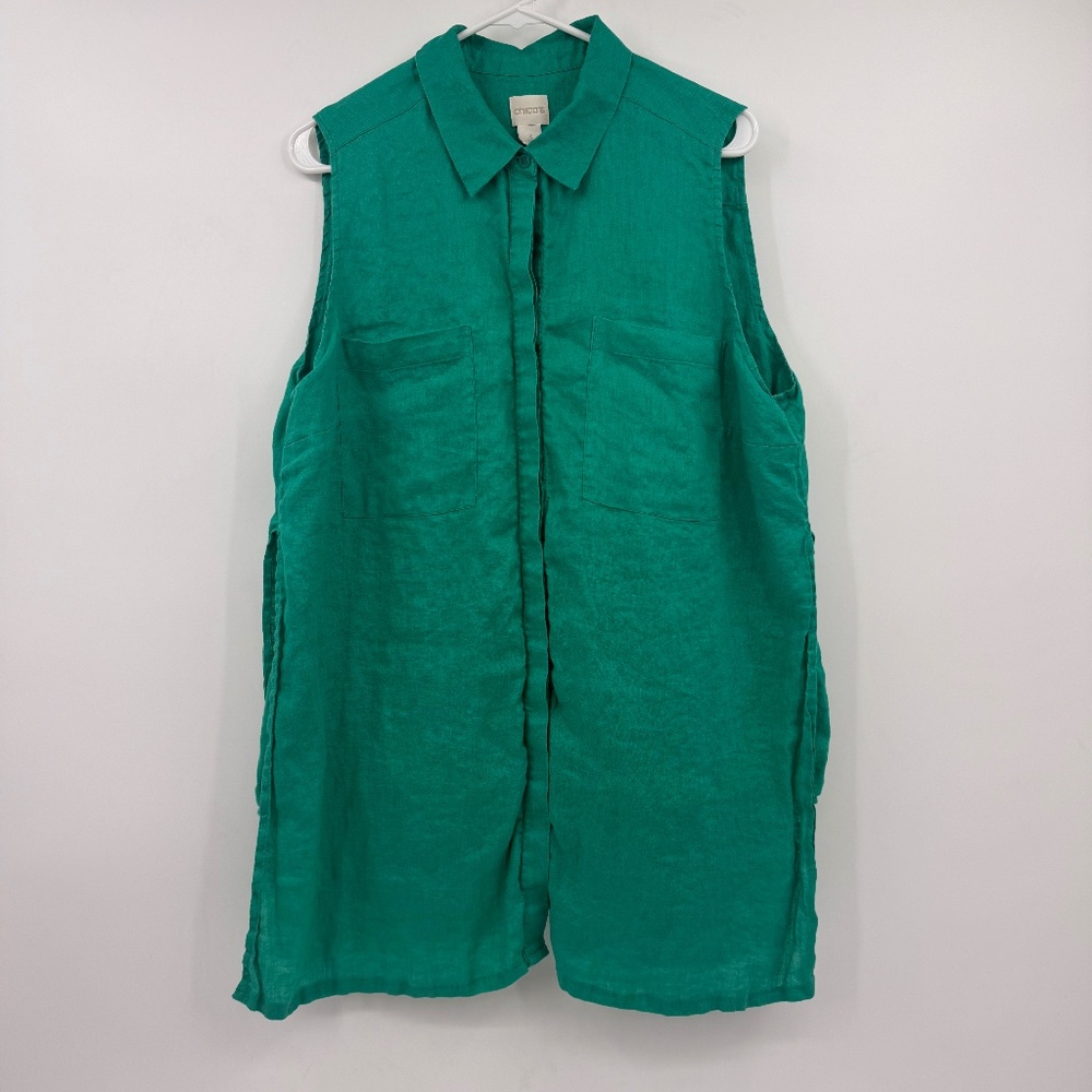Chico's Sleeveless Button-Down Linen Tunic in Teal Green